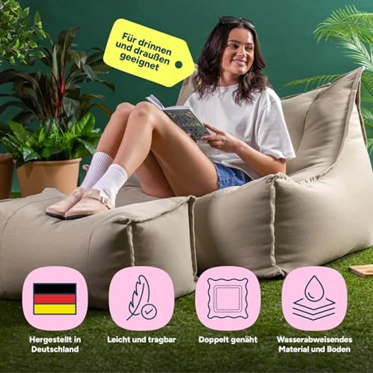 Icon Alto Sitzsack Sessel mit Hocker, Beige, Olefin Stoff für Drinnen und Draußen, Riesen Sitzsack mit Füllung, Bequemer Sessel, Garten, Terrasse, Lounge, Wohnzimmer – Bild 4