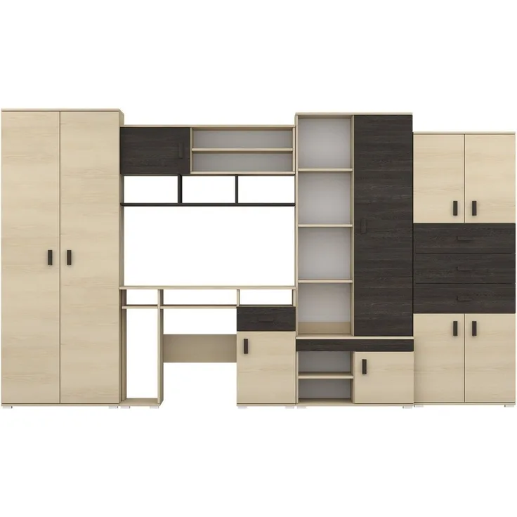 Deine Möbel 24 Jugendzimmer-Set NICO Wohnwand 350 cm mit Schreibtisch – Große Jugendzimmer, (Set, 1-tlg, Wohnwand Jugendzimmer in Esche / Eiche Canterbury Optik), inkl. Kleiderschrank, Regalen, Schubladen & Arbeitsplatz