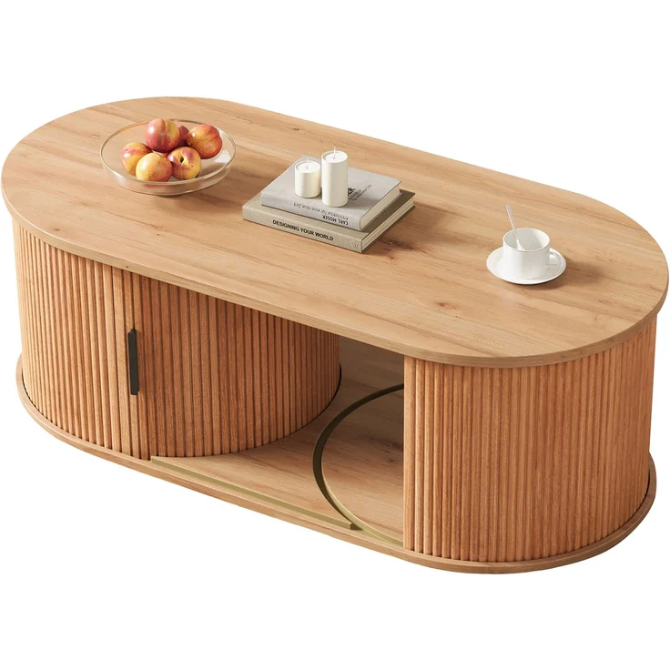 Couchtisch 100 x 50 x 33 cm, mit ovaler Tischplatte, mit verdeckt liegendem Stauraum, aus MDF und Spanplatte, Naturfarben – Bild 17