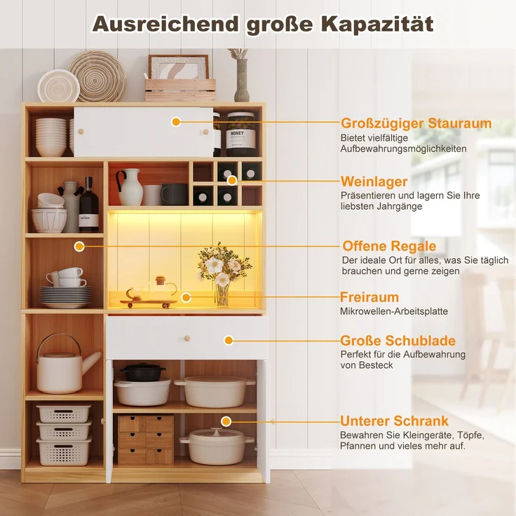 ZUBALIYA Buffetschrank 115x35x180 cm, mit LED-Beleuchtung, aus Spanplatte, Weiß / Natur – Bild 6