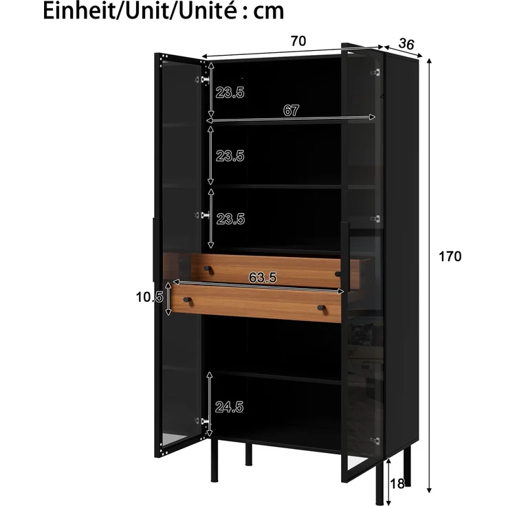 ZUBALIYA Vitrine, mit Schubladen, mit Stauraum, mit LED-Beleuchtung, mit App-Steuerung, H 170 × T 36 × B 70 cm, Schwarz, MDF / Spanplatte – Bild 4