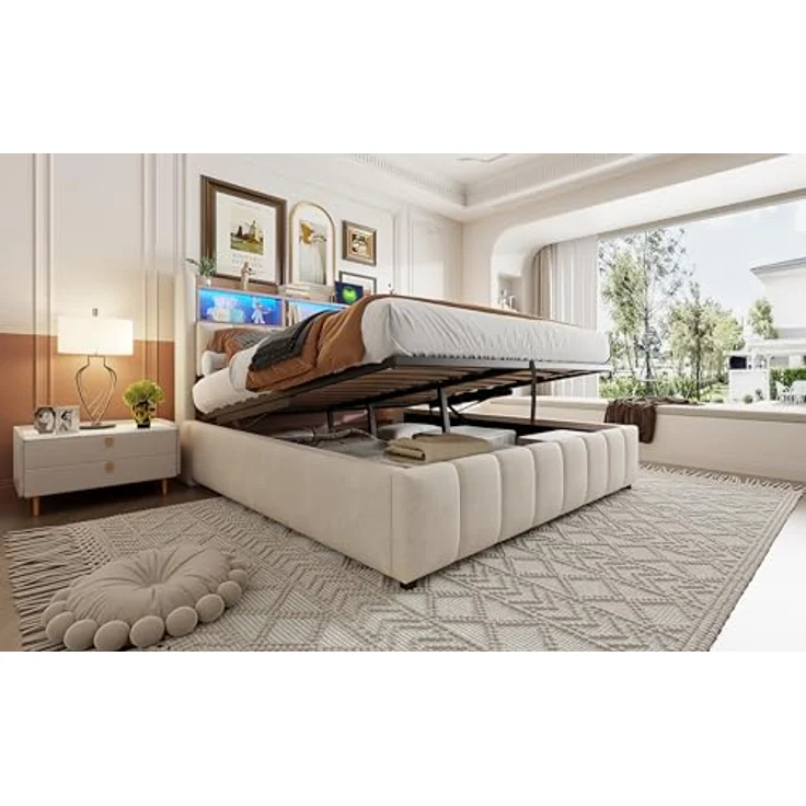 Ball & Cast Polsterbett (180x200 cm) mit USB-Anschluss und Lichtleiste, Hydraulische Lagerfunktion + Weicher Kantenschutz, Einfach & Zeitsparend Montierbar, Leinenstoff Beige – Bild 6