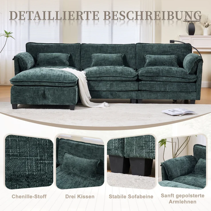 LVHOM 3-Sitzer Sofa mit Hocker, L-Form Ecksofa mit Stauraum, Modulares Sofa mit USB-C-Anschluss, Handyhalter und Seitentaschen, weiche Chenille-Stoff, Couchgarnitur, Grün – Bild 8