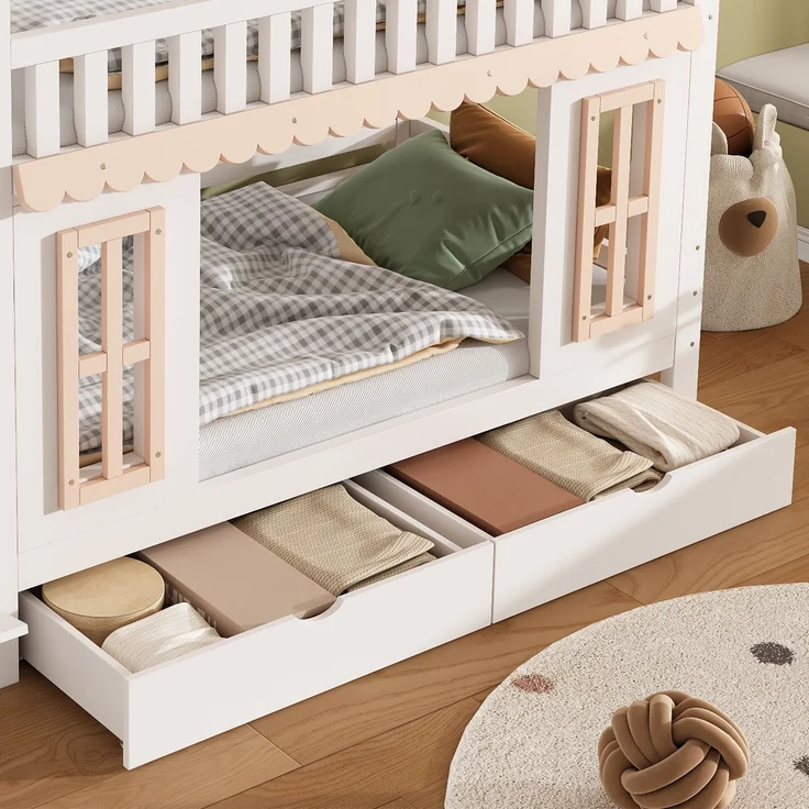 ZUBALIYA Etagenbett, Kinderbett, Hausform, Seitlicher Stauraumschrank mit Leiter, 2 Schubladen, Dekorative Holzfenster und Zierleisten, Kiefer+MDF, Weiß+Natur, 90x200 cm, Natur / Weiß – Bild 23