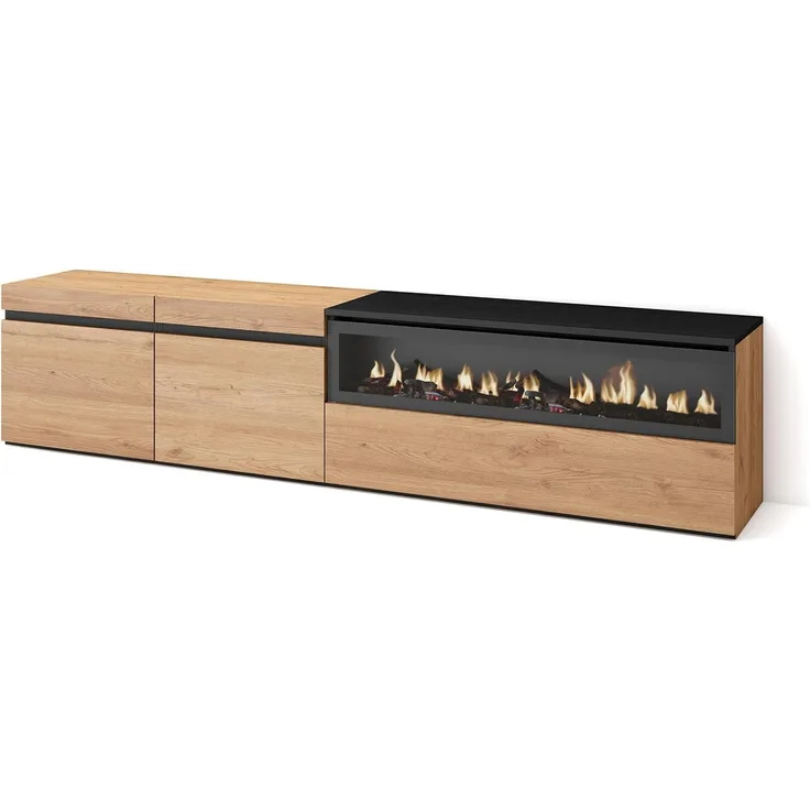 Skraut Home | TV-Schrank, Lowboard | für Wohnzimmer und Esszimmer | 200 x 45 x 35 cm | Für TV-Geräte bis zu 80" | Elektrokamin. Maße | Moderner Stil | Eiche Schwarz