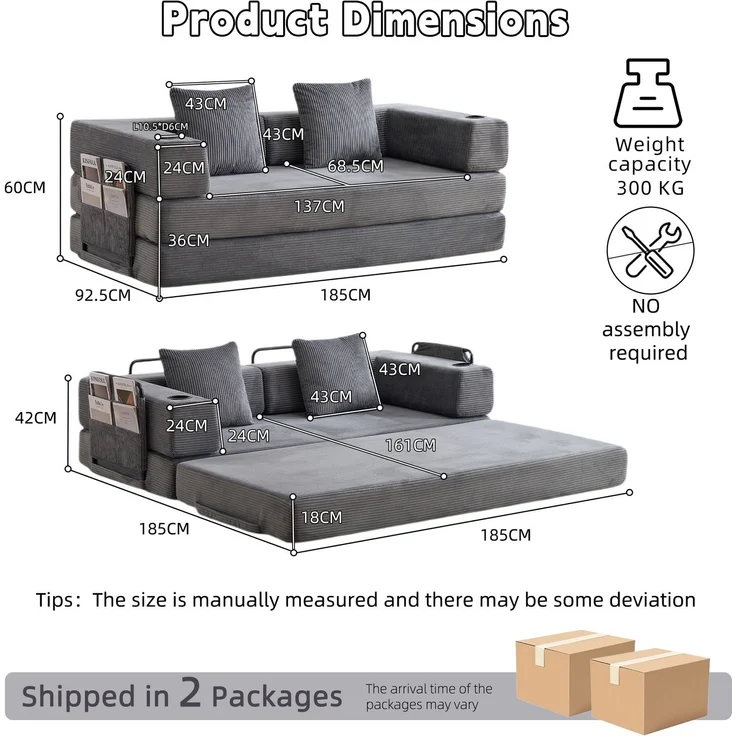 Wohnora-Floor Couch,Compression Sofa,Convertible Floor Sofa Bed-with Pillow Back Support Armrest,Comfy Sleeper Bed With Cupholder&Side Pocket,Corduroy Fabric,for Living Room Bedroom,Dark Grey,H 60cm x T 185cm x B 925cm,Dunkelgrau – Bild 1