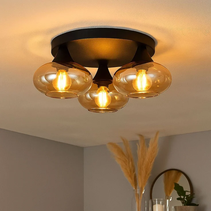 LED Deckenleuchte, Metall schwarz, Glas amberfarben, D 39 cm – Bild 3