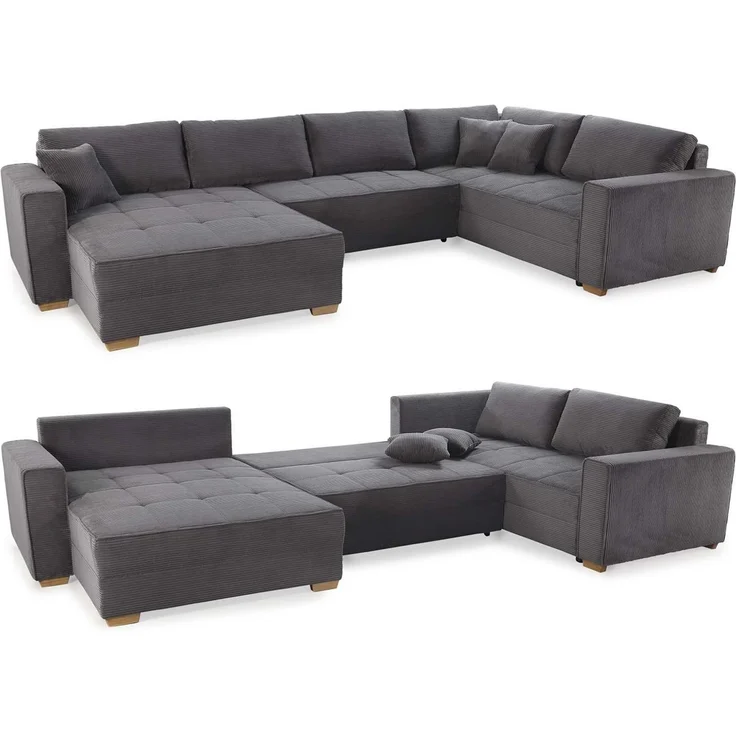 Wohnlandschaft U-Form Sofa Schlaffunktion Couch Bettkasten Cord Dunkelgrau – Bild 1