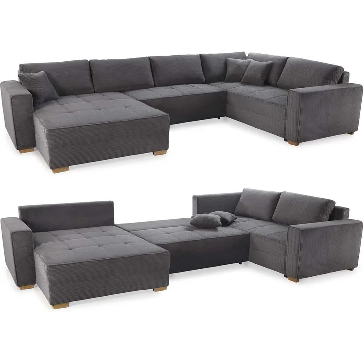 Wohnlandschaft U-Form Sofa Schlaffunktion Couch Bettkasten Cord Dunkelgrau