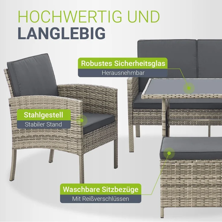 Juskys 'Turin' Outdoor Sitzgruppe für 7 Personen, Polyrattan, 120 x 70 cm, Grau – Bild 5