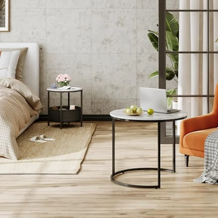 WLIVE Couchtisch 2er Set, Beistelltisch Rund mit Stauraum, Wohnzimmertisch Holz mit Metallrahmen, Sofatisch für Wohnzimmer Schlafzimmer, (Marmor Weiß, 60 cm und 40 cm Durchmesser) – Bild 9