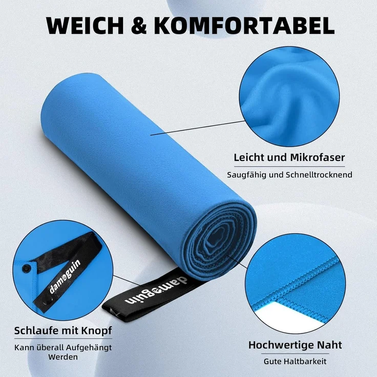 3er-Set Mikrofaser Handtuch Sporthandtuch Strandtuch Fitness blau – Bild 5
