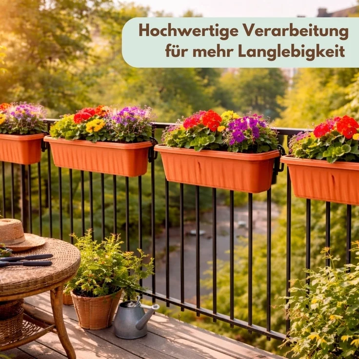 4er Set Blumenkasten Balkon Terracotta 80 cm Balkonkasten mit Halterung Pflanzkasten mit Wasserspeicher Blumenkasten Balkongeländer Geländerkasten ohne Bohren – Bild 6