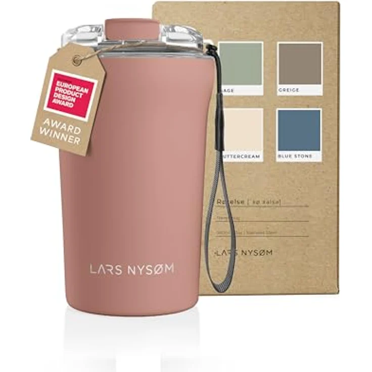 LARS NYSØM Thermo Kaffeebecher to go mit Trageschlaufe & Tritan Deckel | Travel Mug 0,38 Liter mit Isolierung | Auslaufsicherer Edelstahl Thermobecher für Café & Tee (Blush Rose, 380ml) – Bild 1