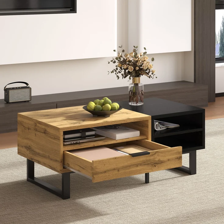 Couchtisch mit Schublade und 3 offenen Fächern, Wohnzimmertisch in Schwarz-Holz-Optik – Bild 1