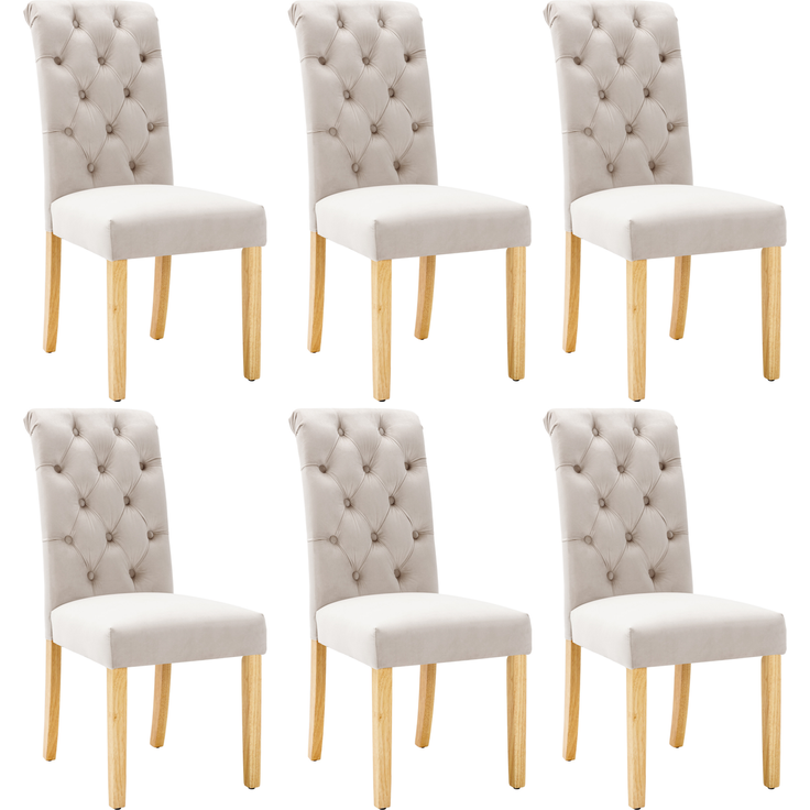 Esszimmerstühle, Samt, 6er Set mit Eichenbeinen & Knopfdetails, 100 x 63 x 43, Beige – Bild 6