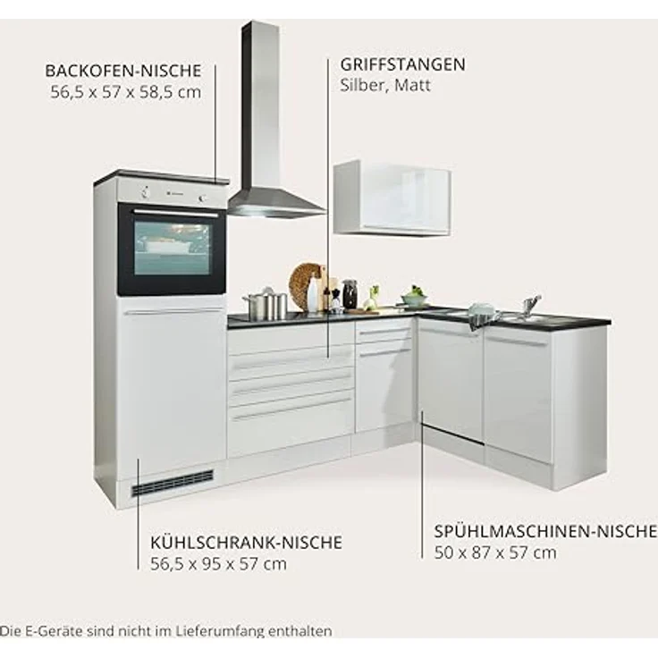 Jazz 6 Moderne Eckküche ohne Elektrogeräte in Weiß Hochglanz, Metallic Grau - Geräumige Küchenzeile in L-Form mit viel Stauraum - 260 x 200 x 60 cm (B/H/T) – Bild 8