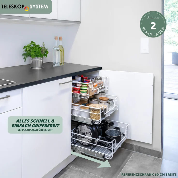 Teleskopschubladen 2er Set - für 40 cm Schrank mit Einlegeboden, aus Metall, (Weiß) – Bild 2