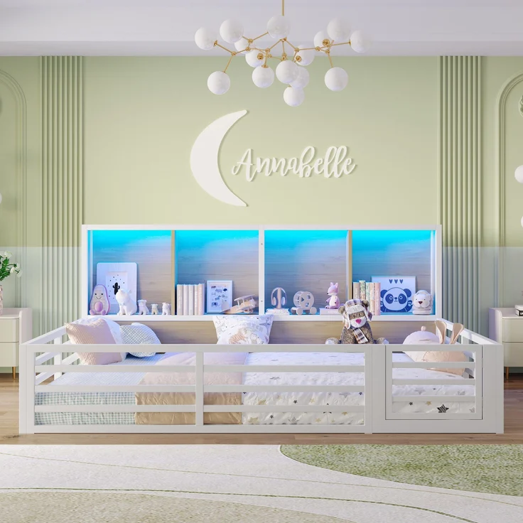 Kinderbett mit LED-Beleuchtung, Lattenrost, Tür und Zaun, 140x200 cm, Rausfallschutz, Stauraum, Metallbett – Bild 3