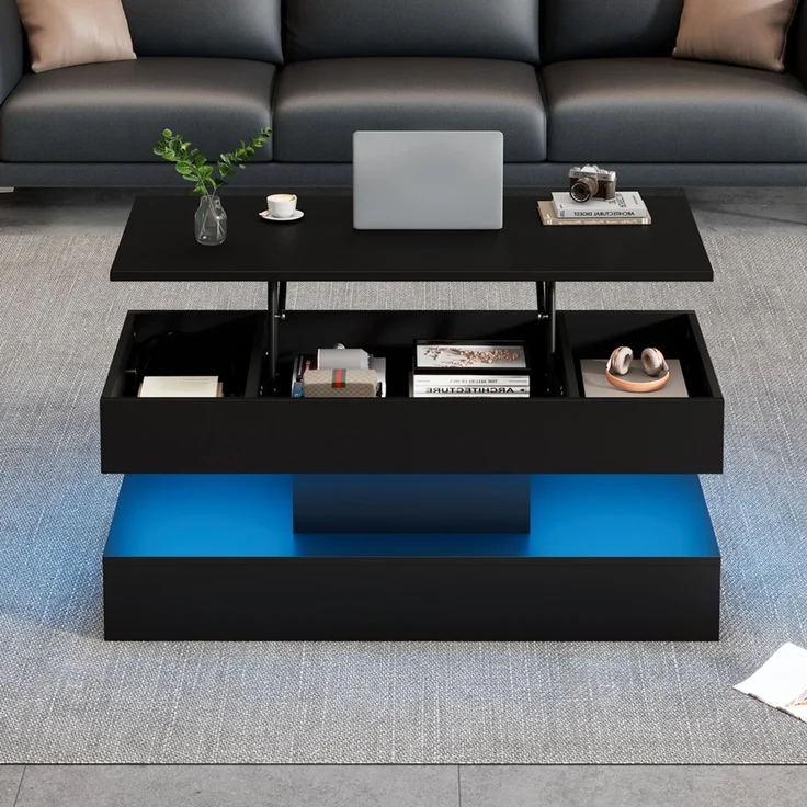 Höhenverstellbarer Couchtisch mit LED-App-Steuerung, verstecktem Stauraum und EU-Steckdosen, 100×50×42 cm, modern schwarz – Bild 6