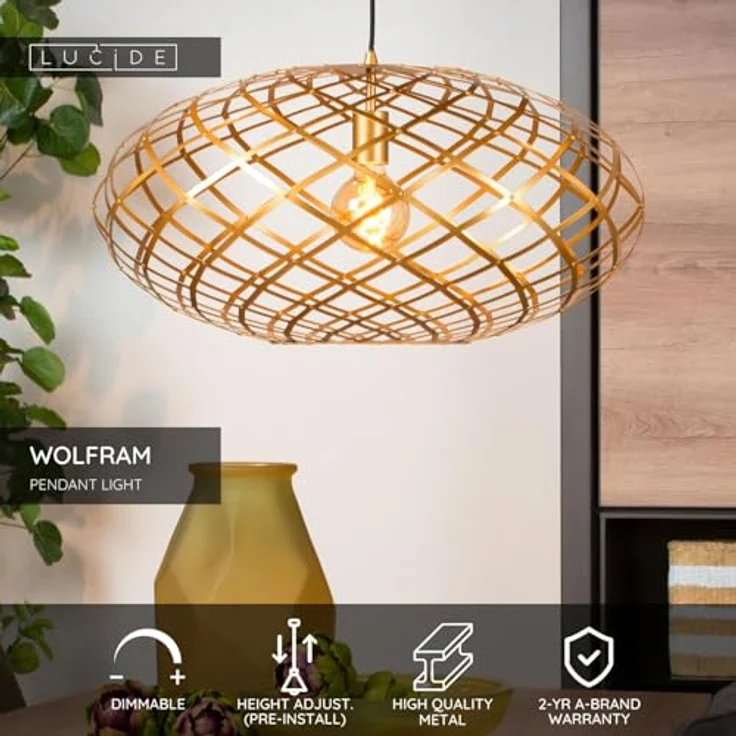 LUCIDE WOLFRAM Pendelleuchte, Ø 65 cm, 1xE27, Höhenverstellbar, Mattes Gold/Messing, Metall, Dimmer-kompatibel – Bild 3