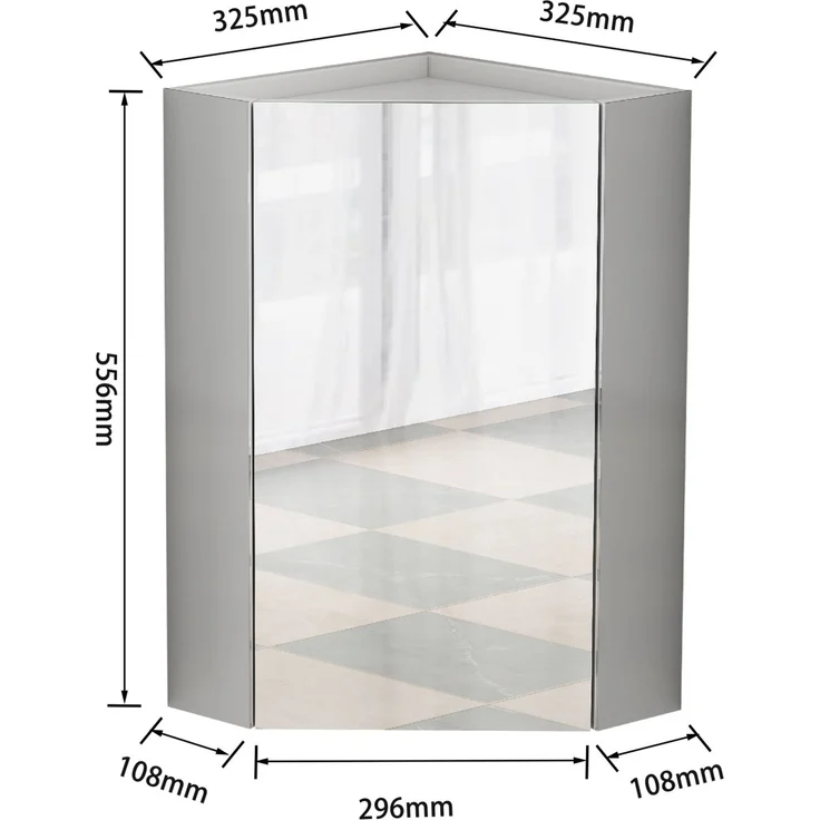 Eck-Spiegelschrank zur Wandmontage mit drei Spiegelflächen und Dämpfscharnieren, 32,5 x 32,5 x 55,6 cm, Weiß – Bild 6