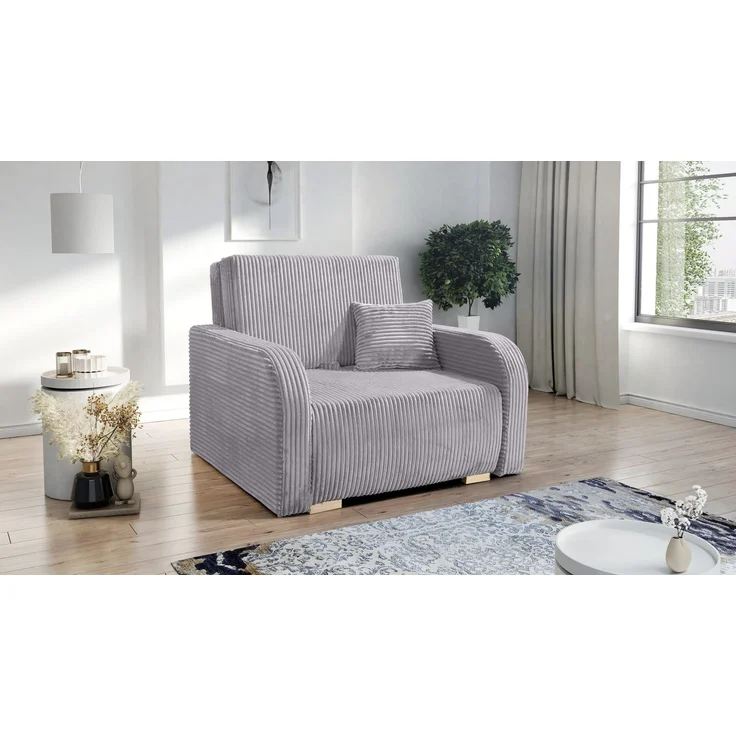 Wohnero24 Lirena 1 Schlafsessel mit Bettfunktion 80x195 cm – Cord Sessel ausziehbar 103x95 cm mit Bettkasten, kleines Gästebett, platzsparendes Einzelschlafsofa - Hellgrau – Bild 6