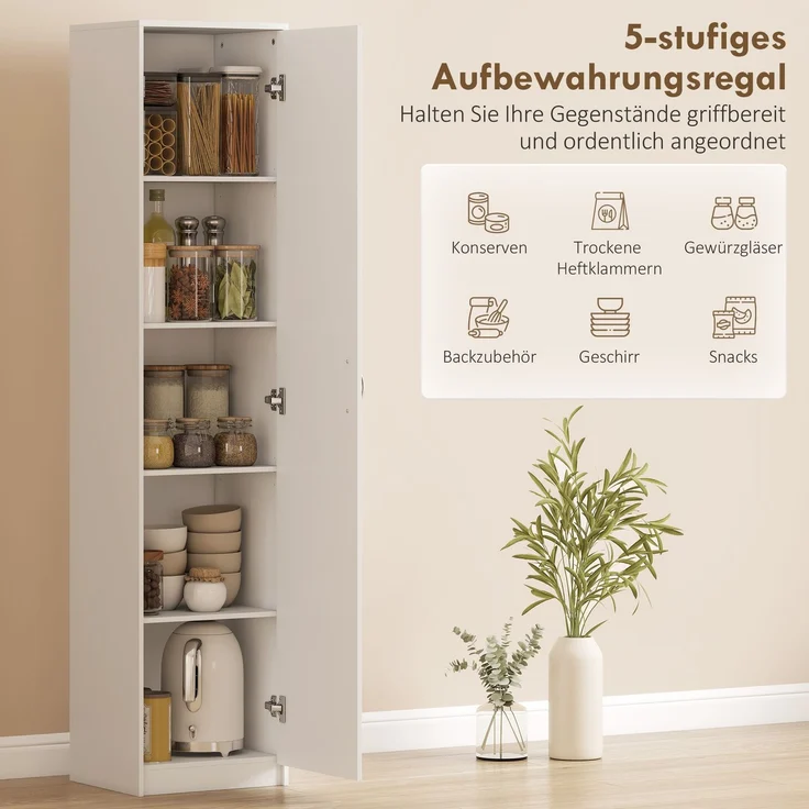 Rayofly-Küchenschrank, 5-Ebenen Aufbewahrungsschrank, verstellbare Regale, für Küche und Vorratskammer, Weiß, H 180cm x T 40cm x B 35cm,H 180.0cm x T 40.0cm x B 35.0cm,Weiß – Bild 3