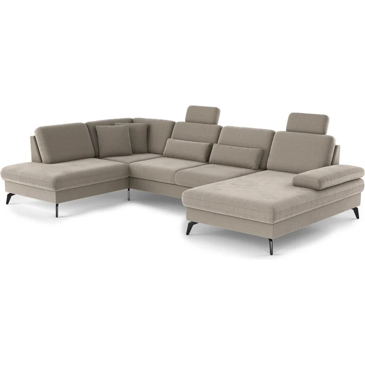 Cavadore Wohnlandschaft Moritz / Sofalandschaft mit Longchair, Bett, Bettkasten, Sitztiefenverstellung, Kopfstützen und mattschwarzen Metallfüßen / 212x82-107x335 / Mikrofaser, Perlbeige