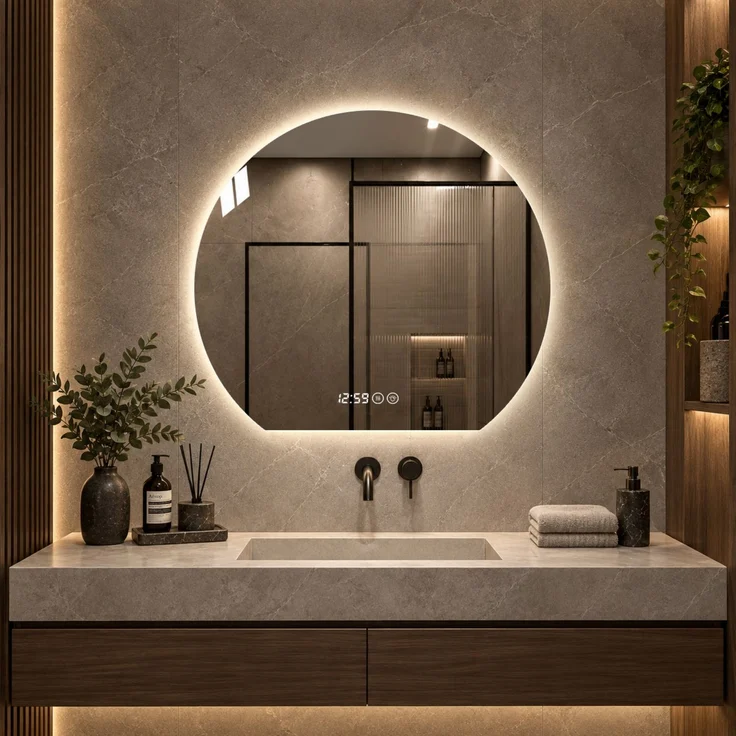 Badspiegel 80x80 cm mit LED-Beleuchtung, Antibeschlagfunktion und Anzeige, Silber – Bild 2