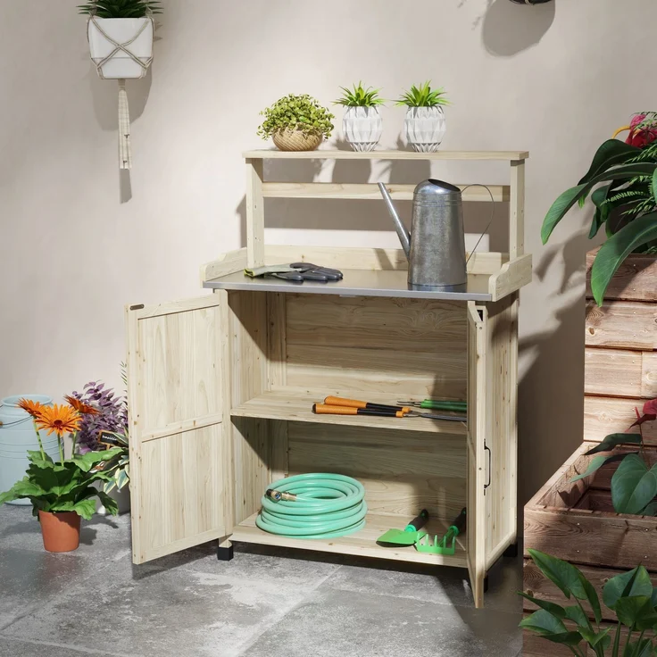 Umtopf-Tisch, Gartentisch, Schrank und Regale sowie Tablett mit rutschfesten Gleitern, 90,5 x 41 x 124,5 cm, Naturholz – Bild 9
