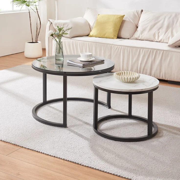 Couchtisch 2er Set Kokkola Rauchglas/Marmoroptik, weiß [en. casa] – Bild 2