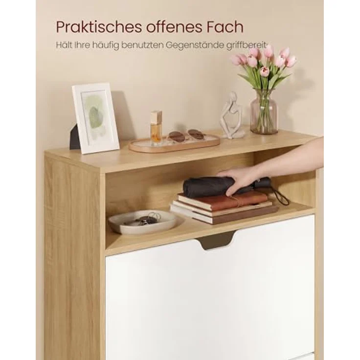 VASAGLE Custos Kollektion - Schuhschrank, Schuhkipper, Schuhaufbewahrung, offenes Fach, Trennwand verstellbar, 2 Klappen, 24 x 80 x 102 cm, 14-16 Paar Schuhe, goldeichenfarben-wolkenweiß LBC048YA02 – Bild 8