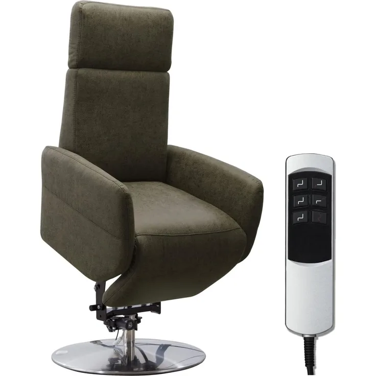 Cavadore TV-Sessel Cobra mit 2 E-Motoren und Aufstehhilfe / Elektrisch verstellbarer Fernsehsessel mit Fernbedienung / Relaxfunktion, Liegefunktion / bis 130 kg / L: 71 x 112 x 82 / Lederoptik Olive