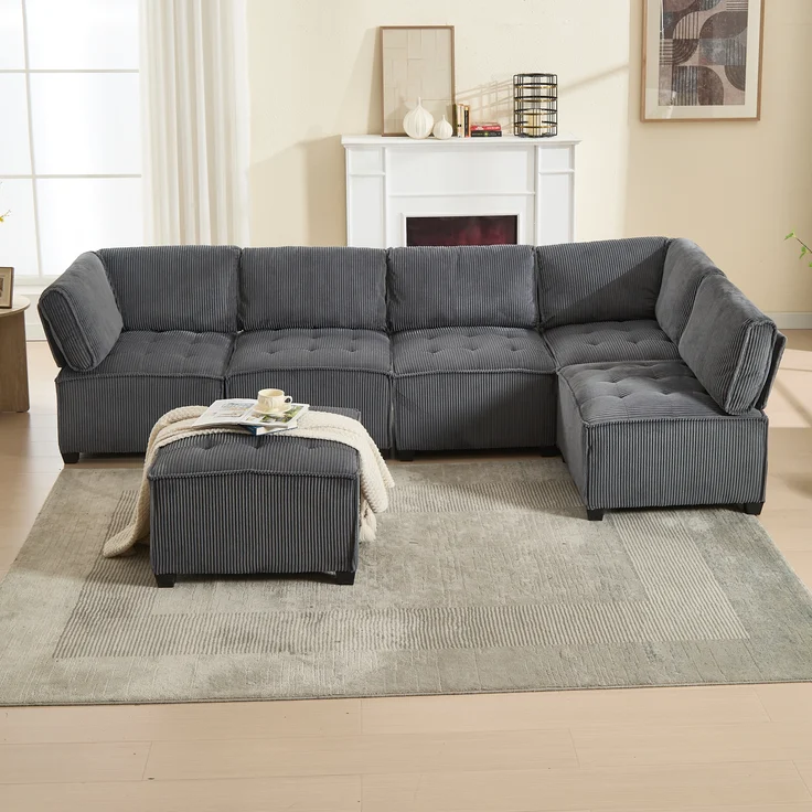 LVHOM Modulares Sofa U Form 308 x 82 x 154 cm, 6-Sitzer mit Schlaffunktion, Modular Cord Ecksofa, umwandelbares Schaumstoffsofa, Sofagarnitur, Schwarz – Bild 8