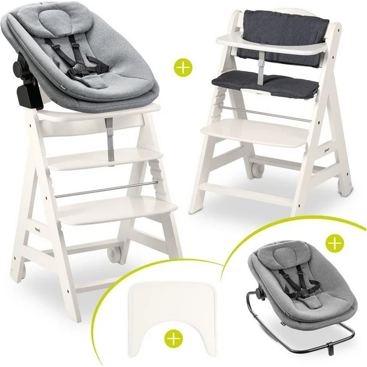 Hauck Hochstuhl Beta Plus White Newbornset 3in1 Bouncer (Set), Holz Babystuhl ab Geburt mit Neugeborenensufsatz, Sitzkissen, Essbrett – Bild 5