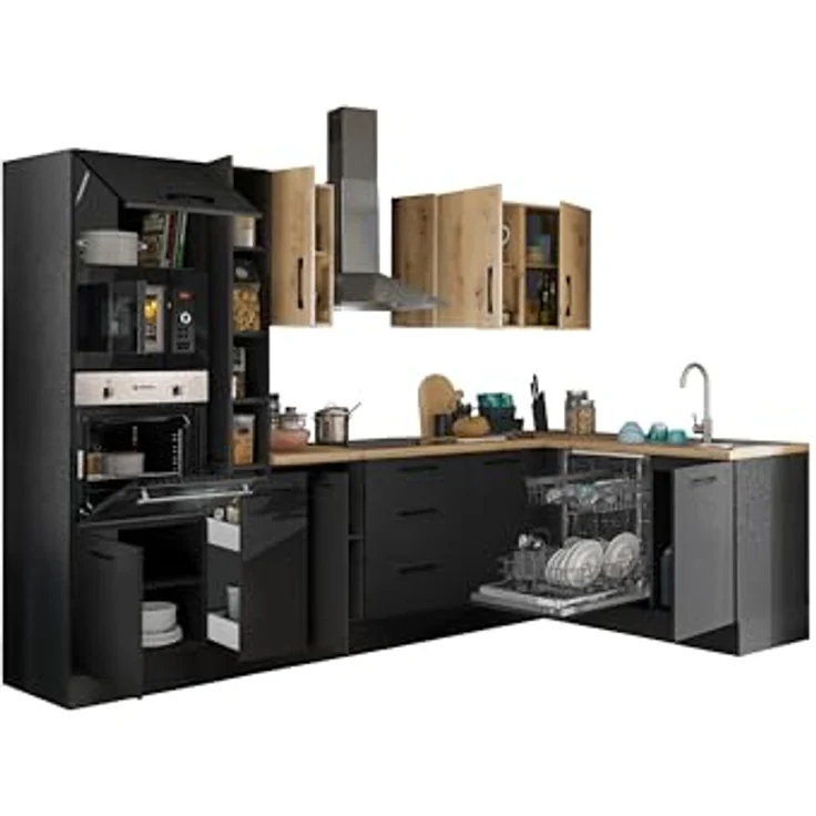 Turin LBM Eckküche 310 x 211 x 60 cm, schwarz - Ohne Küchengeräte - Moderne, geräumige Küche in Artisan-Eiche Optik mit viel Stauraum – Bild 5
