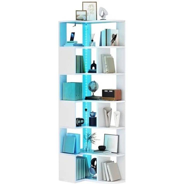YITAHOME eckregal weiß mit Beleuchtung, 7 Etagen bücherregal, L-förmiges eckregal stehend, Corner Shelf, led Regal für Büro, Arbeitszimmer, Wohnzimmer, Schlafzimmer, L64 × W41.5 × H180 cm – Bild 7
