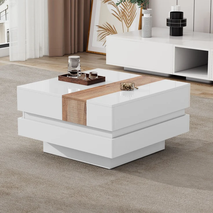 Couchtisch Hochglanz Weiß ausziehbar, 70x70x39 cm, mit Staufächern – Bild 3