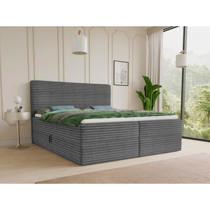 Boxspringbett Mollo mit 2 Bettkästen, Doppelbett mit Bonell-Matratze und Topper, Polsterbett in weichem Cordstoff, Bett, Bettgestell für Schlafzimmer (Graphit (Tilia 90), 180 x 200 cm) – Bild 2