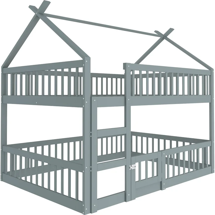 Etagenbett 140x200 cm mit Treppe und Tür – Massivholz Hoch-/Familienbett, Grau – Bild 5