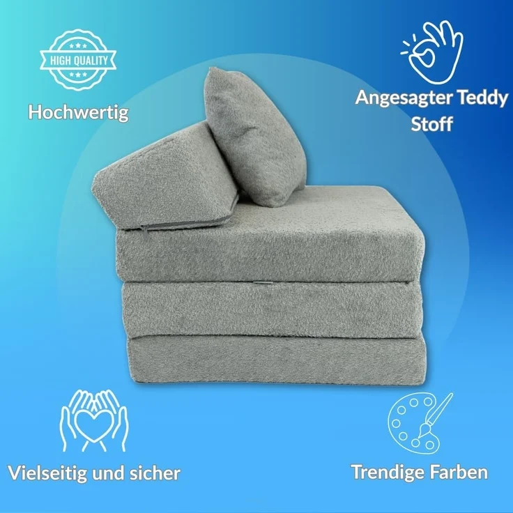 Klappmatratze Klappmatratze mit Kopfteil aus Teddy-Stoff (Boucl), FORTISLINE, Bezug waschbar. Zusammengeklappt als Sitzwürfel nutzbar – Bild 5