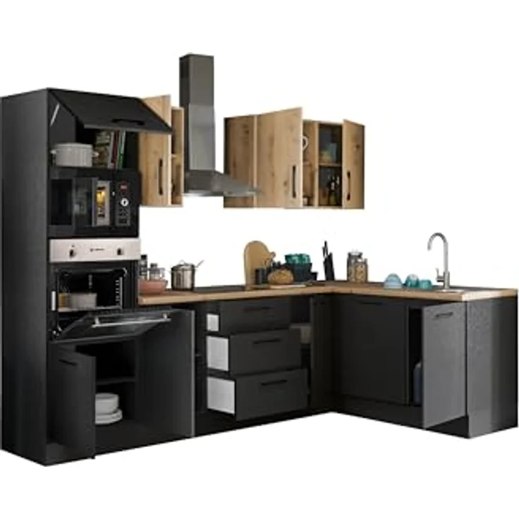 Turin LBM Eckküche 280 x 211 x 60 cm, schwarz - Ohne Küchengeräte - Moderne, geräumige Küche in Artisan-Eiche Optik mit viel Stauraum – Bild 3