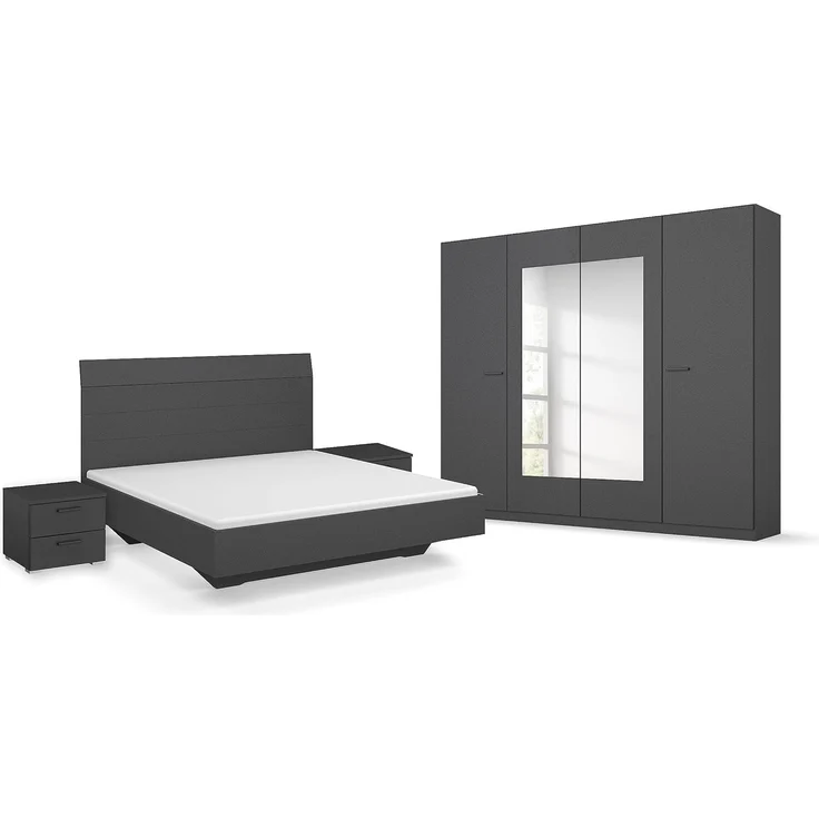 Rauch Möbel Florenz Schlafzimmer, Grau metallic, Schwarz, bestehend aus Bett mit Liegefläche 180x200 cm inklusive 2 Nachttische und Drehtürenschrank mit Spiegel BxHxT 226 x 210 x 54 cm – Bild 1