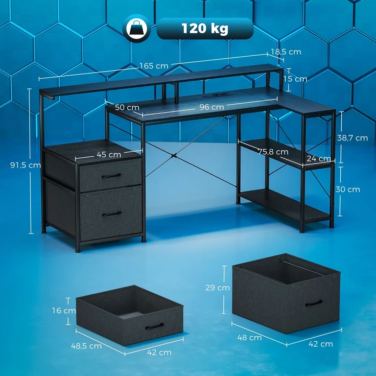 MELAYR, Eck-Gaming-Schreibtisch 165 x 80 cm, LED-Beleuchtung und Ladestation, Schwarz – Bild 5