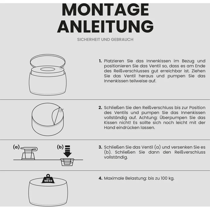 Sitzpouf - Indoor/Outdoor - Sitzkissen Ø54 cm x 26 cm - wasserabweisend ( Lotusblüteneffekt ) - Platzsparend / Innovativ - Innenkissen aufblasbar - Belastbar bis 100kg Anthrazit – Bild 6