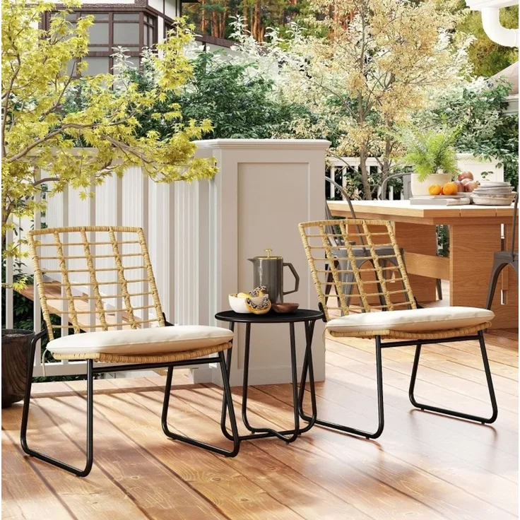Okwish Bistro Set 3-teilig Polyrattan stapelbare Stühle mit Kissen Tisch Terrasse Balkon Garten