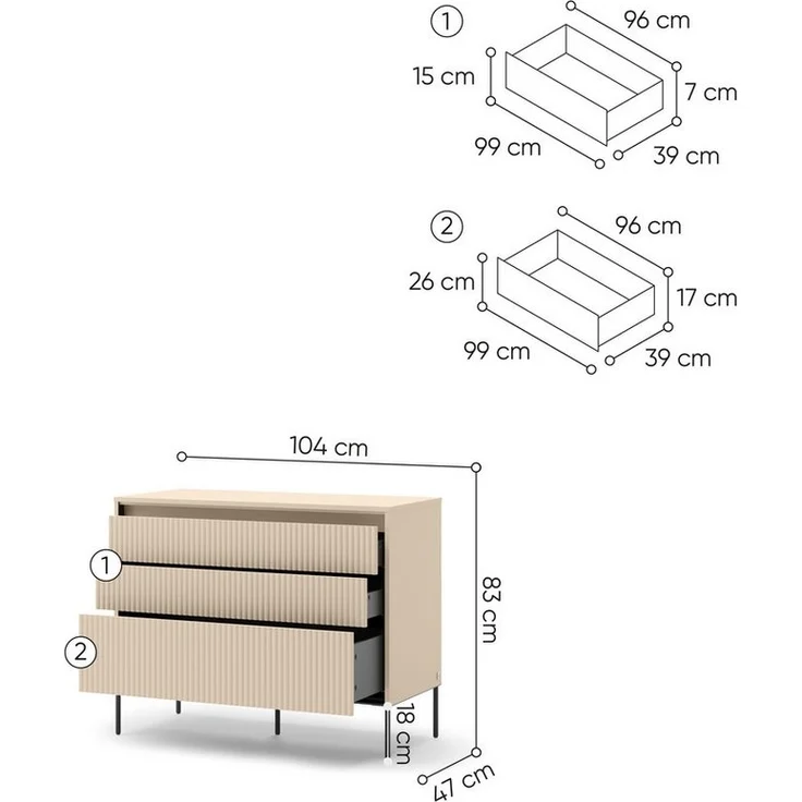 Compleo Kommode mit 3 Schubladen FLORE, Beige modern Kommode mit LED und Lamellen – Bild 3