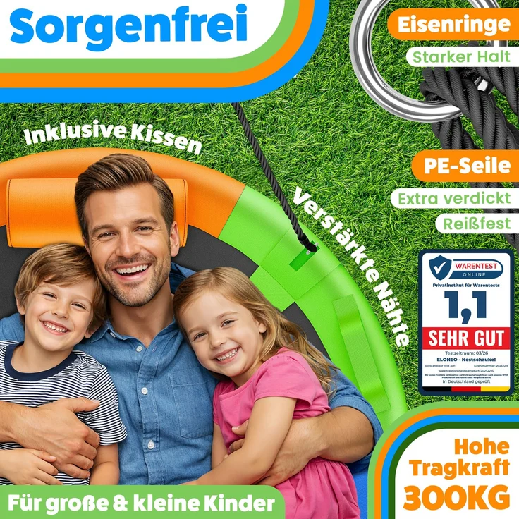 ELONEO Nestschaukel Outdoor & Indoor mit 90 oder 120 cm Durchmesser, Tellerschaukel, höhenverstellbare Hängeschaukel inkl. Kissen, Griffen und Zubehör-Set, Bunt - 120cm 90cm – Bild 4