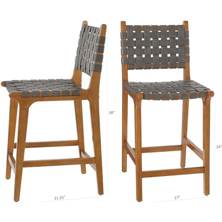Ball & Cast Gewebter Tresen Barhocker mit Rückenlehne, Holz Küchenhocker mit PU-Ledersitz, Barhocker Stuhl mit Fußstütze für Esszimmer, dunkelgrau – Bild 4